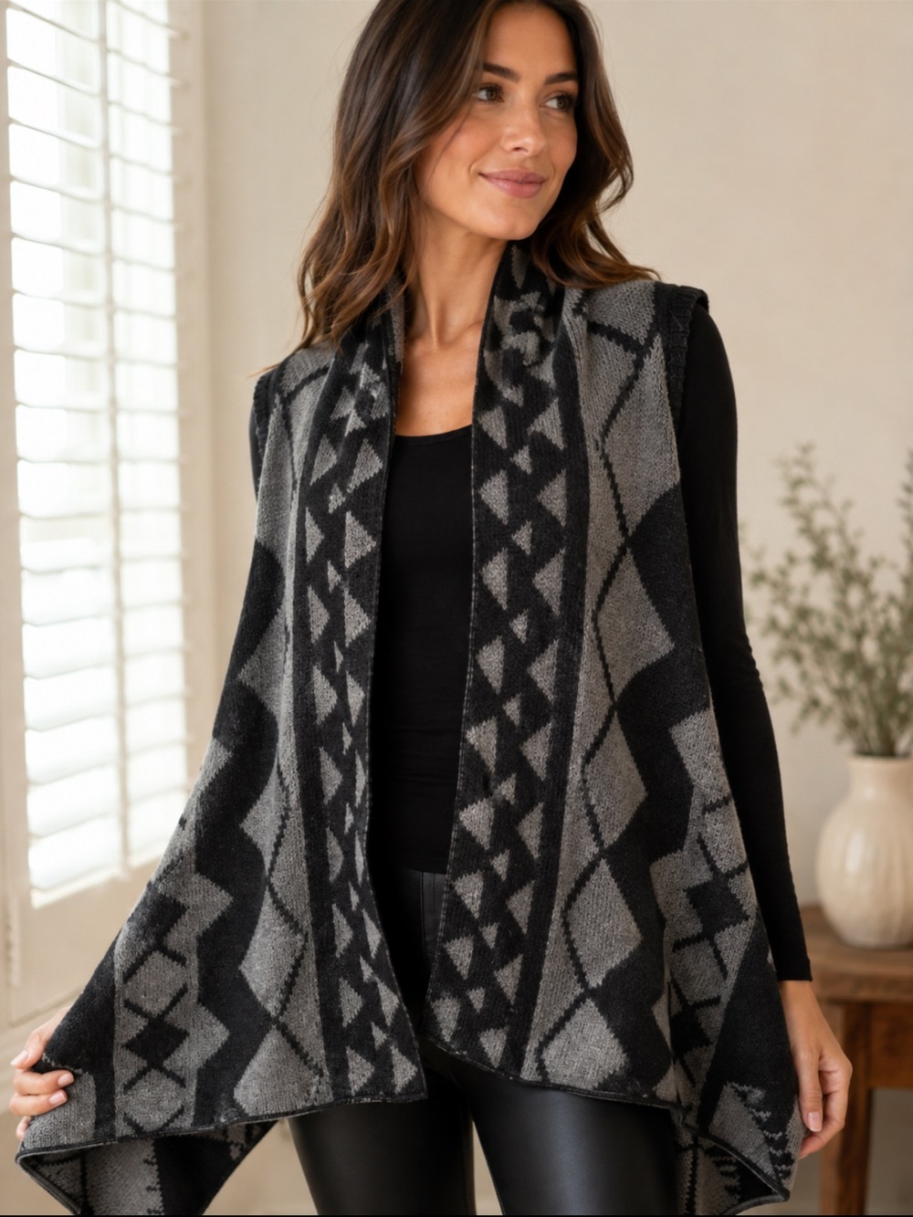 Sleeveless Open-Front Tribal Knit Vest - Black & Gray